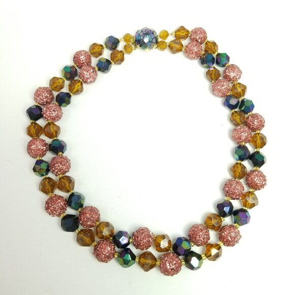 Vintage Two Strand Beaded Necklace, Brown Mixed Beads, West Germany, Estate - Picture 3 of 8